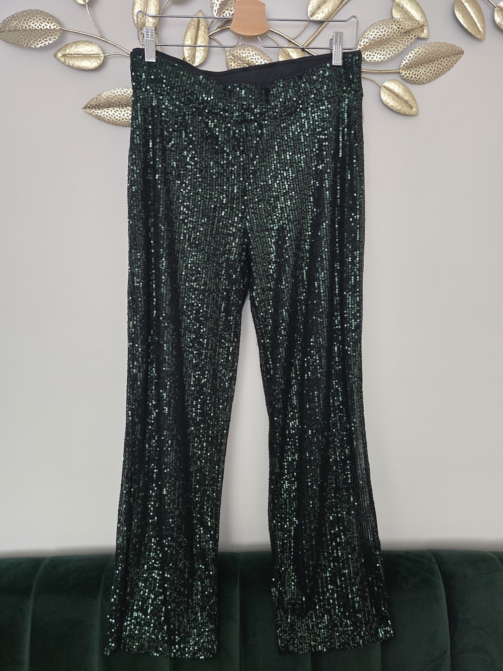 Sequin Wide-Leg Pants in Dark Green Size S Party Disco
